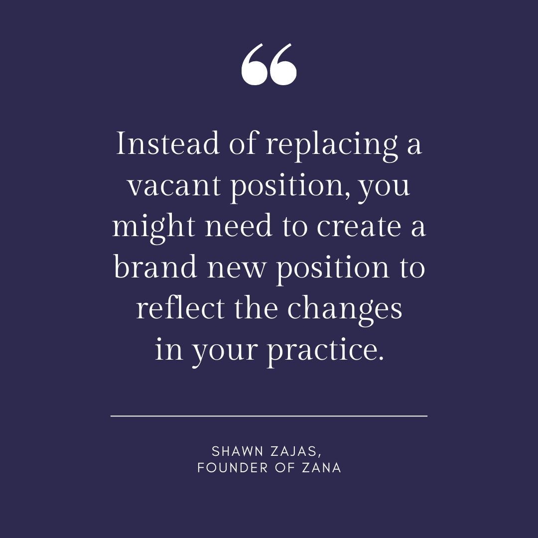 Inspirational Quote for Dentists by Shawn Zajas, Founder of Zanam with white text and blue background that says instead of replacing a vacant position, you might need to create a brand new position to reflect the changes in your practice
